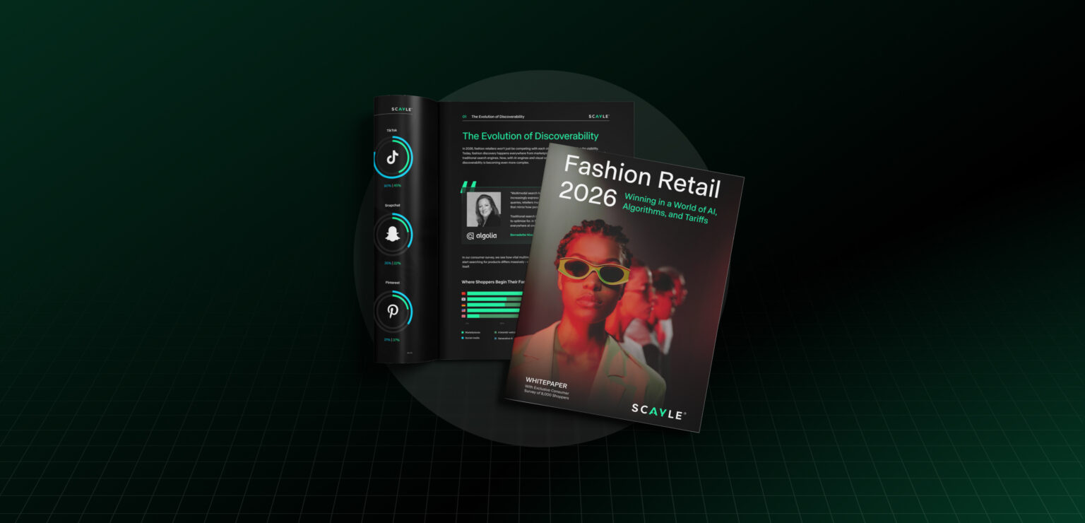 SCAYLE Fashion Retail 2026 whitepaper cover showing industry insights on AI-driven discoverability, digital channels, and future retail strategies.