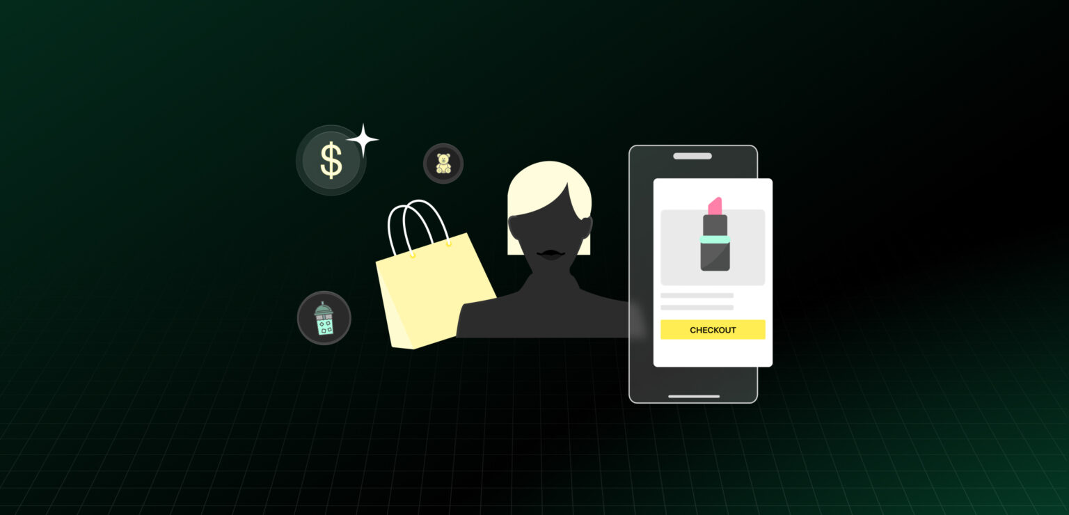llustration of a woman shopping online with a yellow bag, dollar and product icons, and a lipstick checkout screen, symbolizing eCommerce and consumer behavior trends