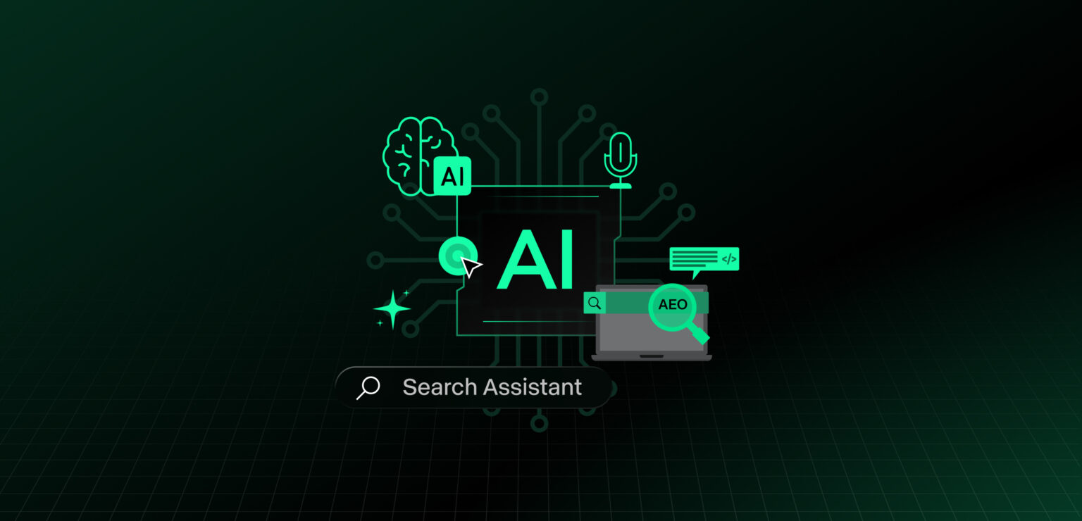 Illustration of AI technology icons including brain, search bar, and magnifying glass labeled AEO, symbolizing AI-powered search assistants.