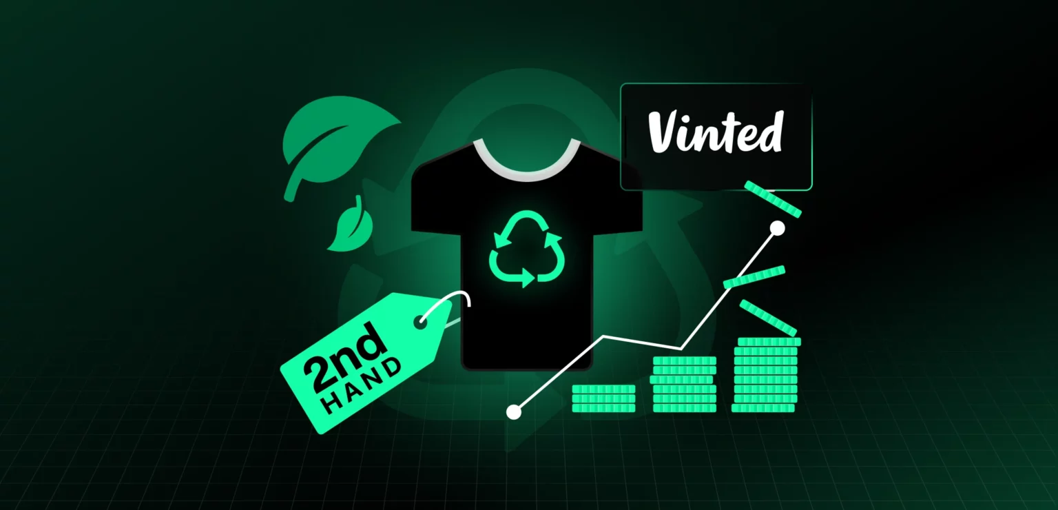 Illustration of a recycled t-shirt, 2nd hand tag, and Vinted logo with a rising graph symbolizing sustainable retail growth.