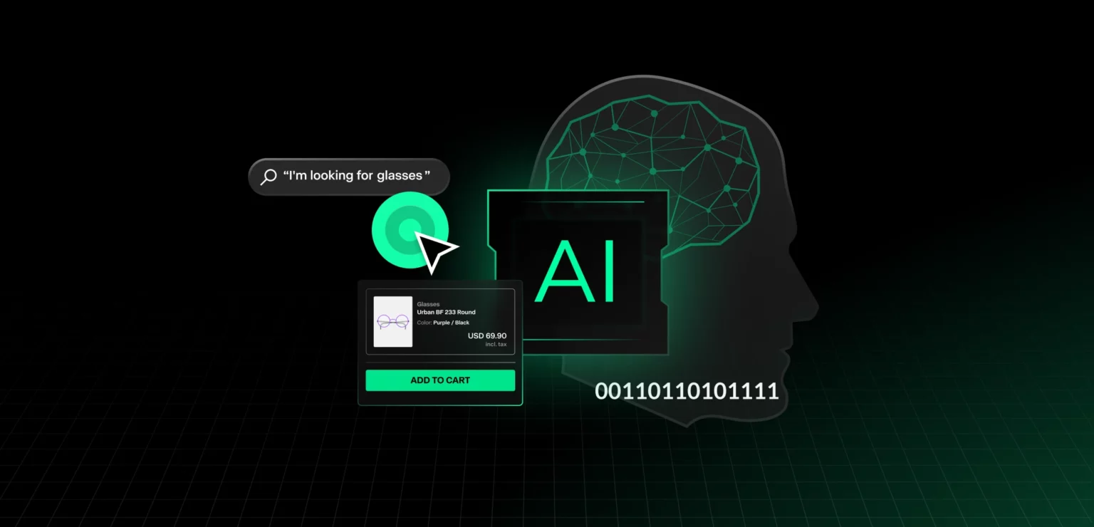 Illustration of AI-driven shopping showing a digital brain, search query for glasses, and smart product recommendation.