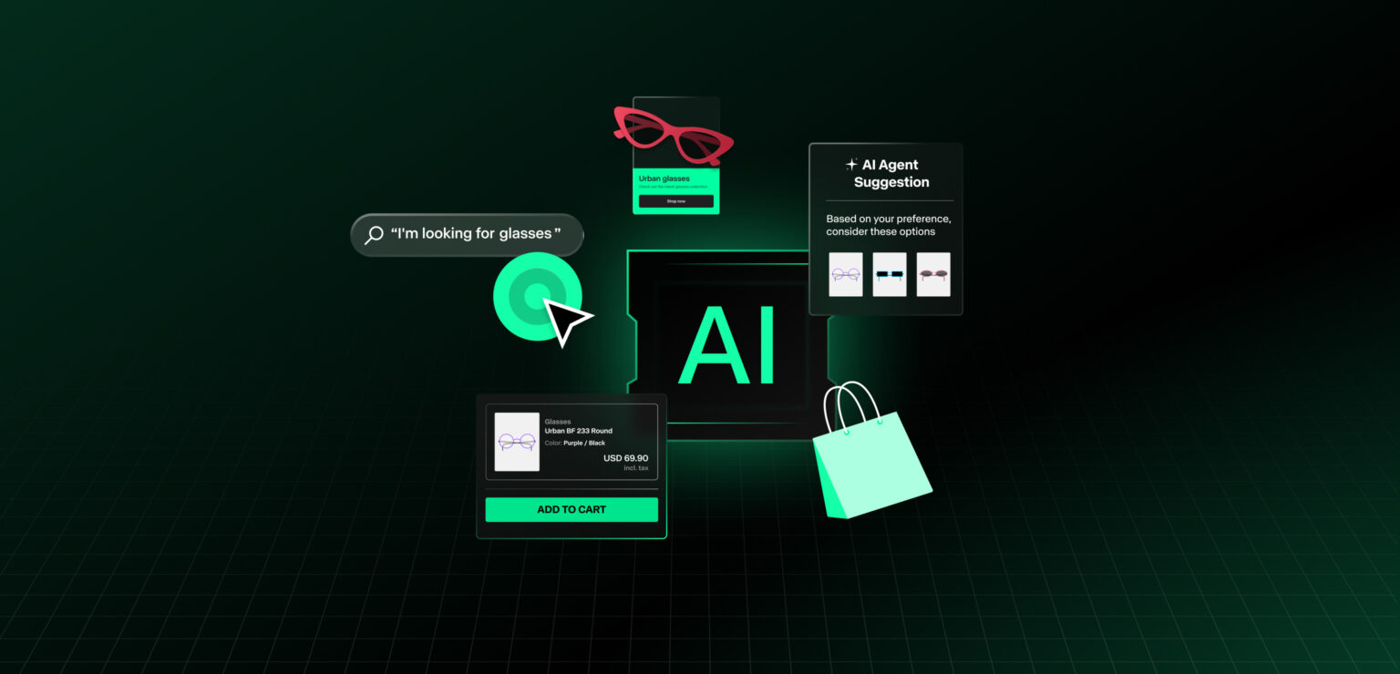 AI-powered ecommerce experience showing an AI agent interpreting a search for glasses, suggesting products, and enabling add-to-cart shopping.