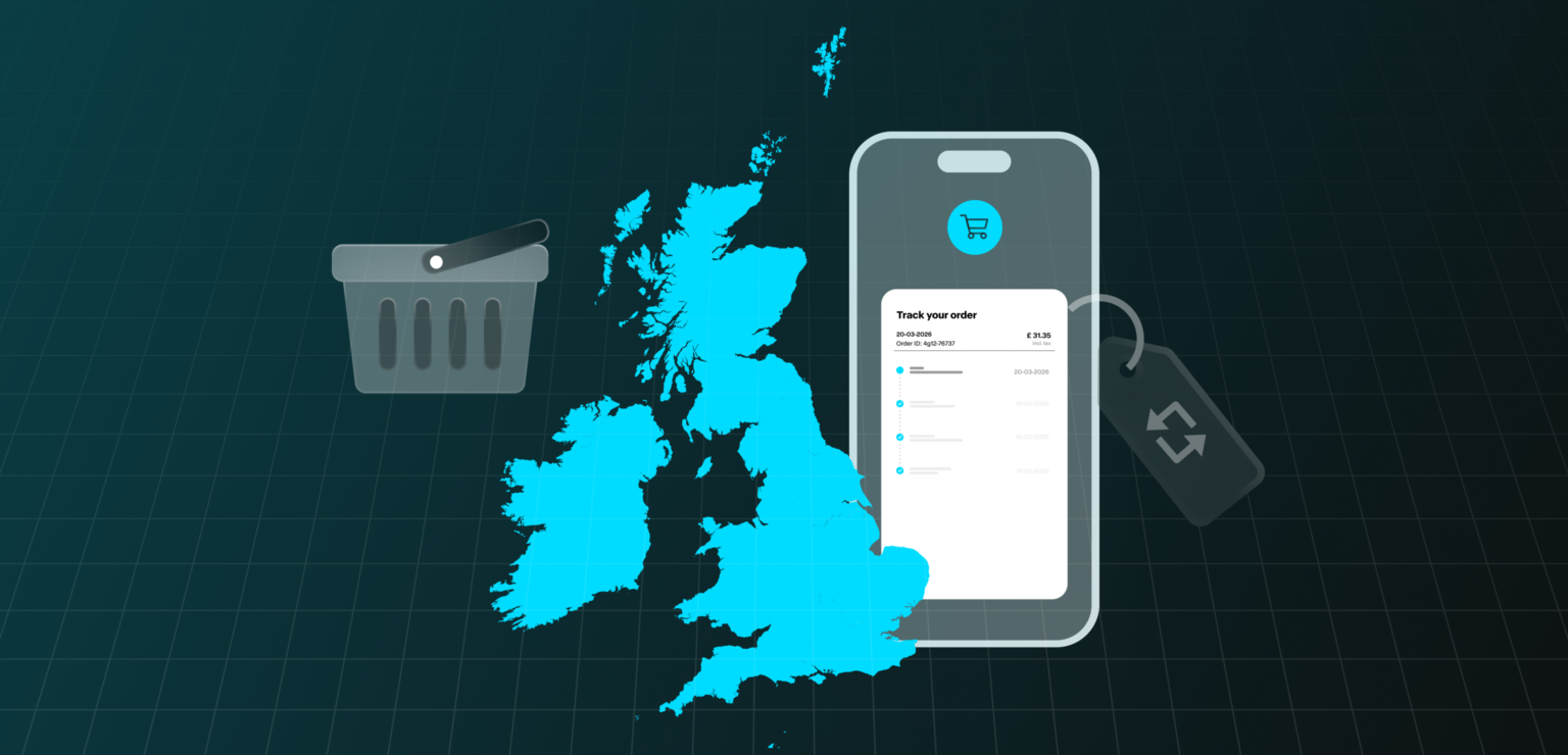 Illustration of a UK map with a smartphone showing order tracking, alongside shopping basket and resale tag icons, representing e-commerce and retail activity in the UK.