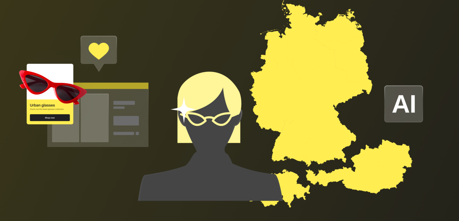 Illustration of a Germany map with a shopper browsing an online fashion product, featuring sunglasses, a heart icon, and an AI symbol, representing AI-driven fashion shopping in Germany.