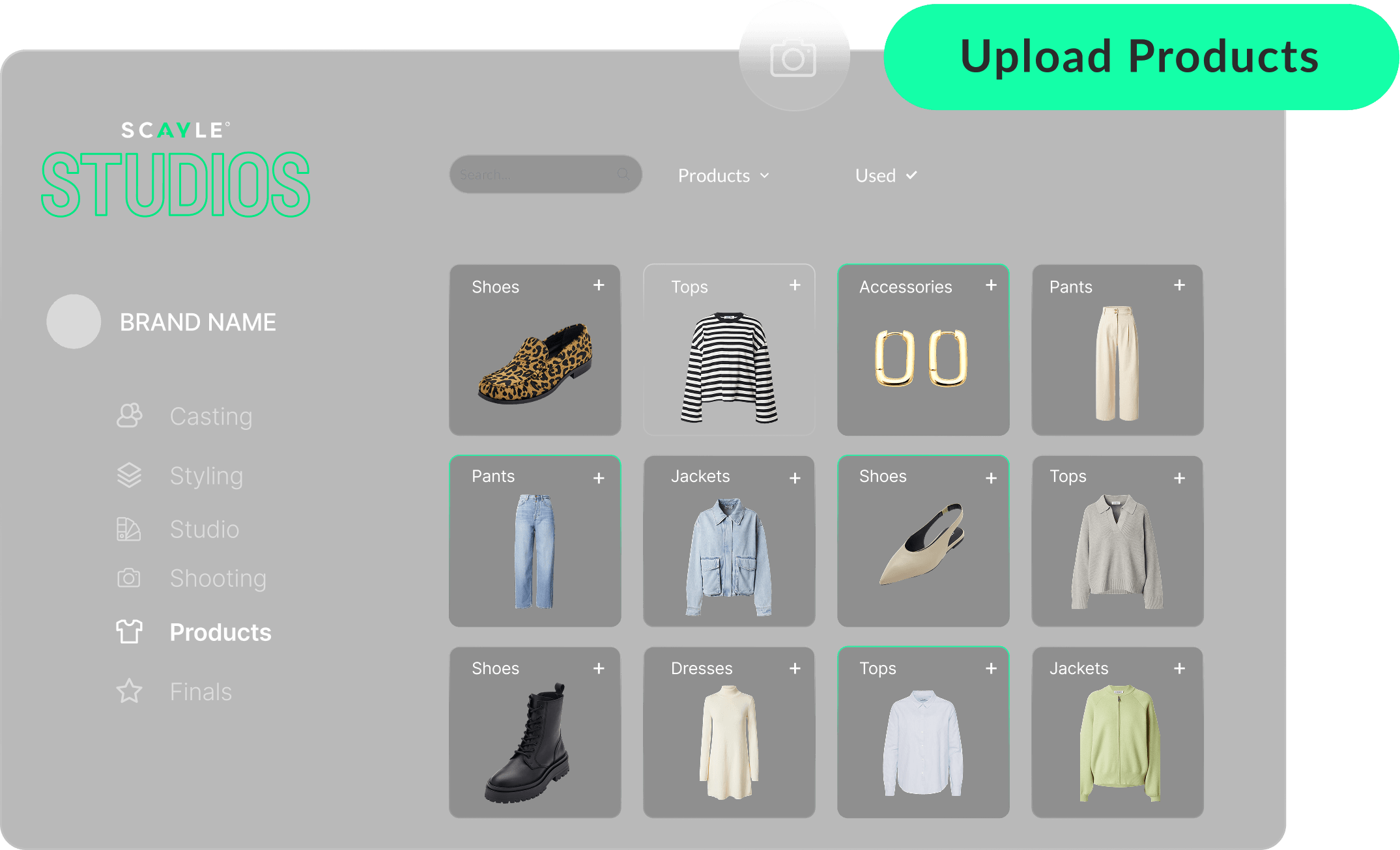 Preview of how to upload and select products from within SCAYLE STUDIO